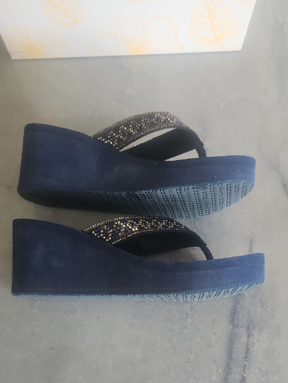 Yellow Box Navy Beaded Wedge Thong Sandals - Picture 3 of 10